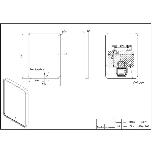 Led ogledalo 500x700 crni ram 2700 4500 6000K antifog 2