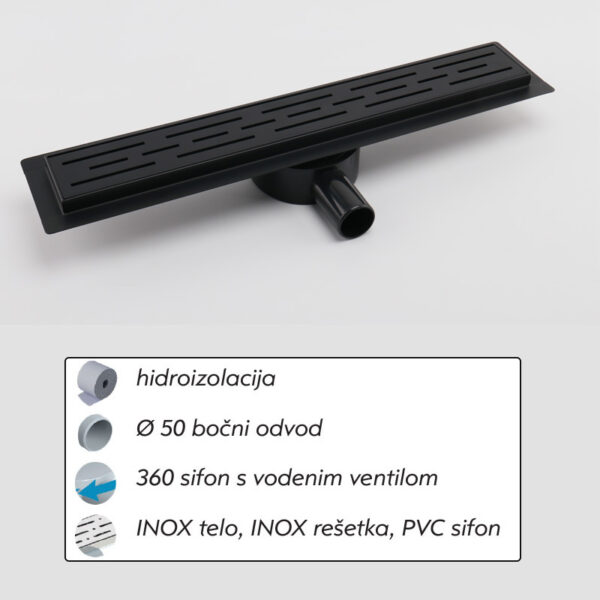 Linijski slivnik PREMIUM BLACK INOX okvir PVC sifon 360