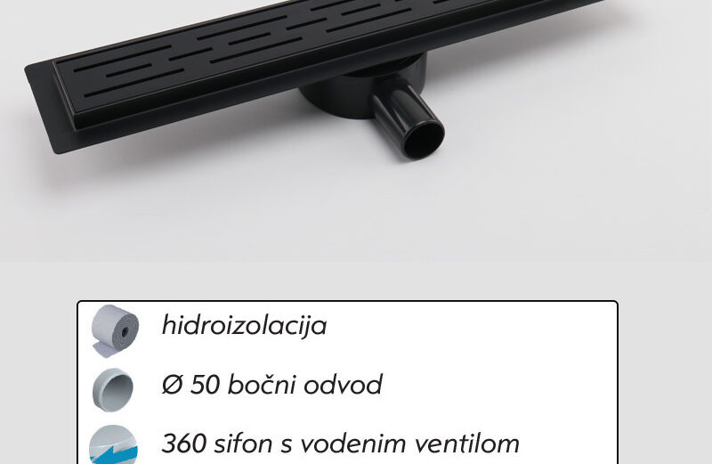 Linijski slivnik PREMIUM BLACK INOX okvir PVC sifon 360