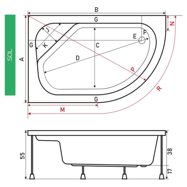 023558 ug kada 90x140 sedeca limah 55 cm sa oblogom i nogicama leva montaza tehnicki crtez