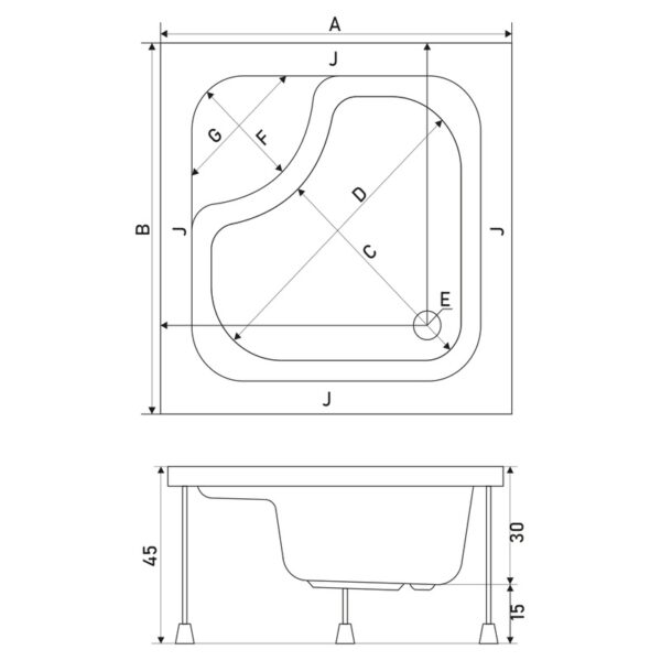023621 tus kada 90x90 duboka sedeca mina h 45 cm skidajuca obloga tehnicki crtez
